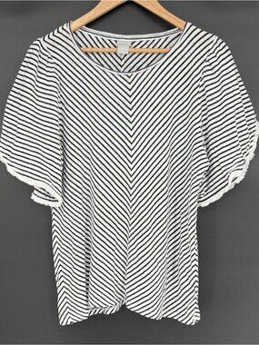 Chicos Women's Linen Striped Pullover Top Size 2 (L) Black White Flutter Sleeves